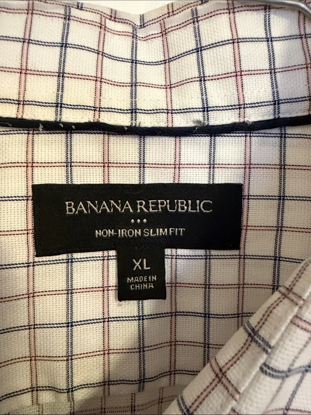 Banana Republic White Dress Shirt with Navy and Burgundy Windowpane